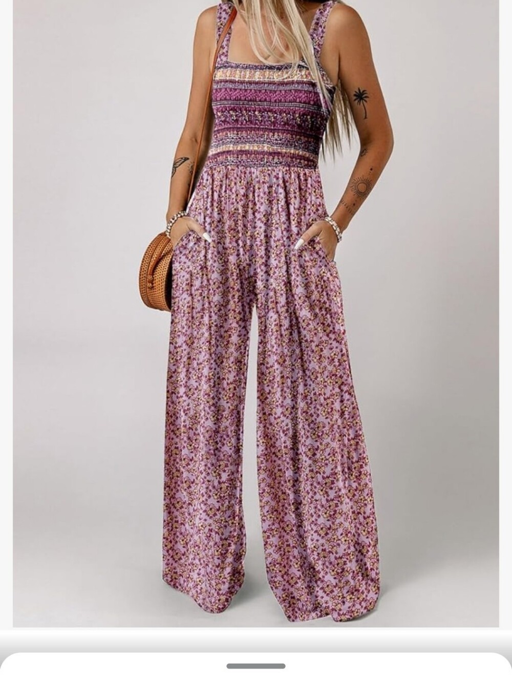 Dakotoo Size 2 XL Smocked Floral Wide-Leg Jumpsuit  in Lavender.